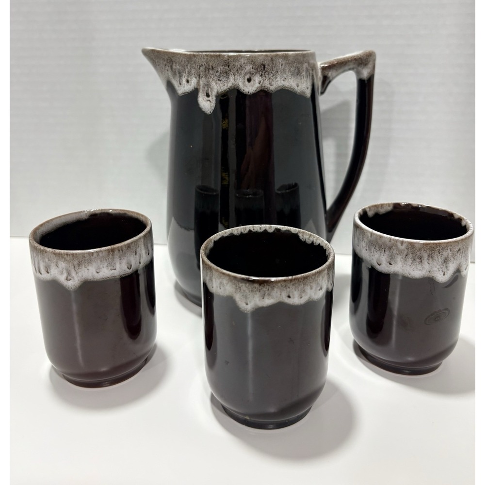 Vintage Brown Drip Glaze Pottery Pitcher & 3 Tumblers 4-Piece Drink Se